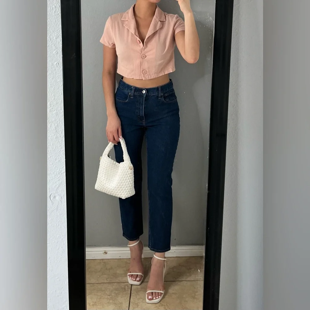 Light pink salmon cotton SS button up collared euro summer casual prep crop top - Picture 4 of 10